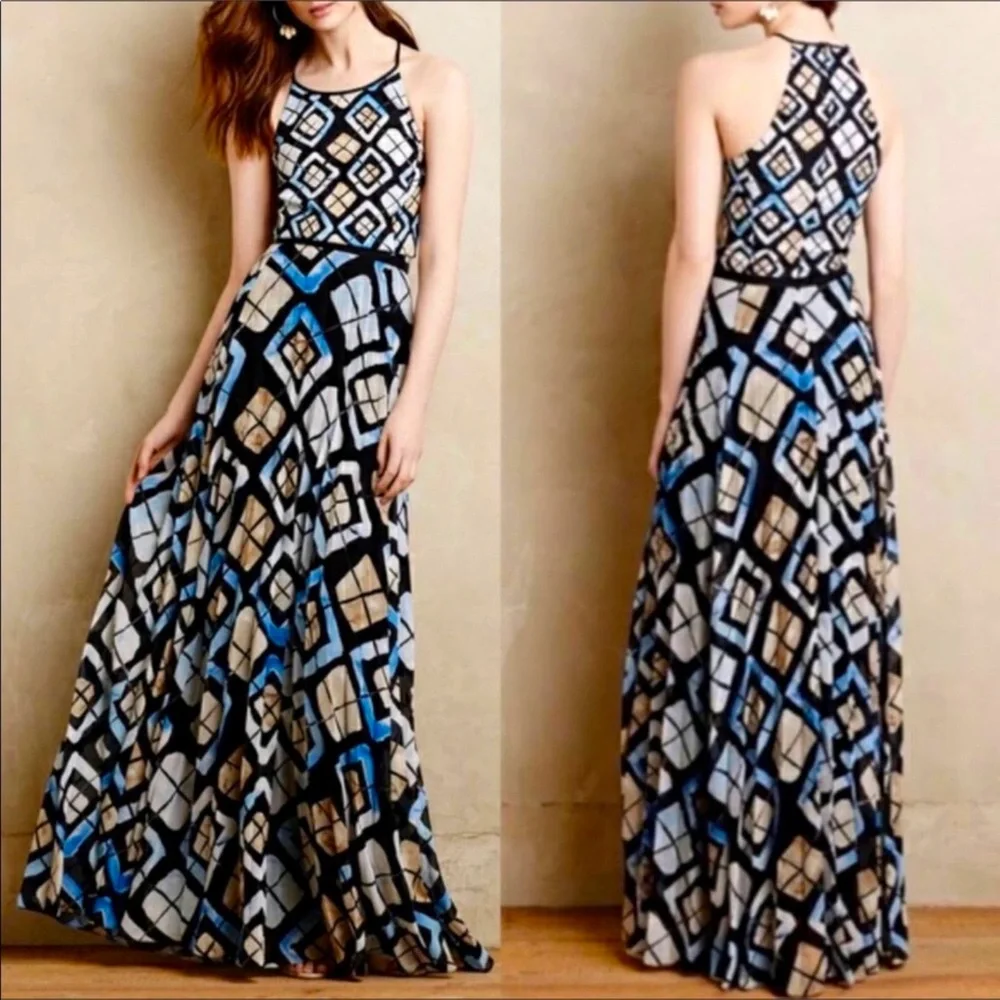 Anthropologie Blue Geometric Maxi Halter Dress with Pleated Skirt, size 2 - Picture 1 of 15